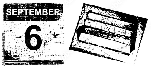 Weathered calendar date graphic, September 6th, distressed typographic design, retro stamp art, grunge aesthetic, black and white vector.