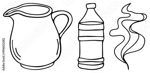 Simple art of pouring pitcher, plastic bottle, and rising, minimalist sketch, beverage container, vector illustration.