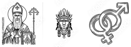Bishop holding and book, Native American headdress, male and female gender symbols, black and white art, symbolic, spiritual figures, cultural emblems.
