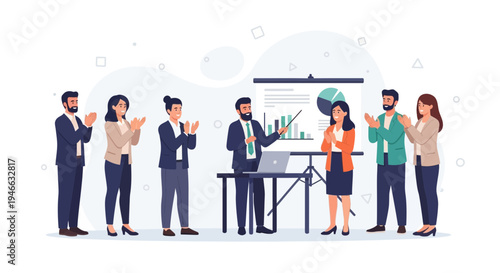 Business team applauds presentation success, celebrating achievement at office meeting