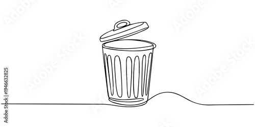 continuous one line drawing Vector line art illustration of a trash can with lid