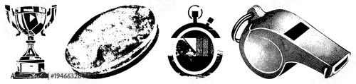 Vintage halftone sports symbols including trophy, rugby ball, stopwatch, whistle athletic gear, game officiating tools, competition emblems, black and white vector design.