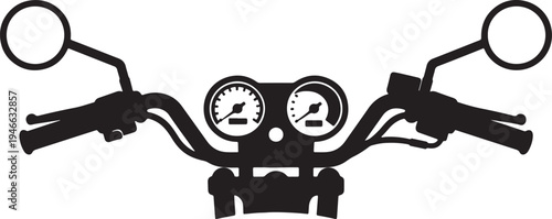 Black and white motorcycle handlebars with round mirrors and dual gauges also transparent background