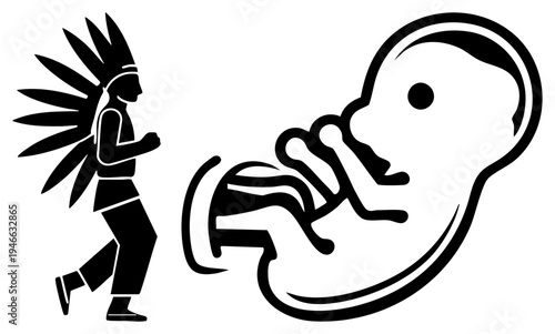 Silhouette of running indigenous warrior with headdress alongside stylized fetal glyph, ancient Mesoamerican, symbolic representation, black vector art.