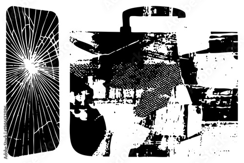 Broken phone with radial cracks beside abstract robotic form, halftone textures, glitch art, digital damage, tech decay, vector illustration.