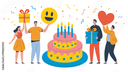 Diverse group of joyful people celebrating a birthday party with a large cake, gifts, and colorful confetti.