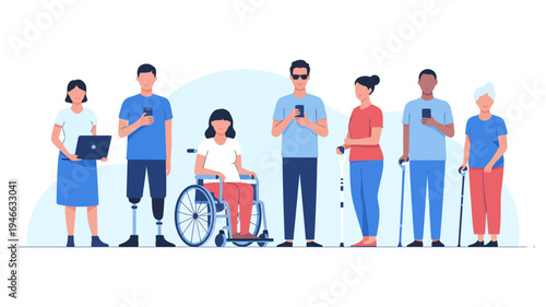 A diverse group of people from various backgrounds and abilities standing together, engaged with technology.