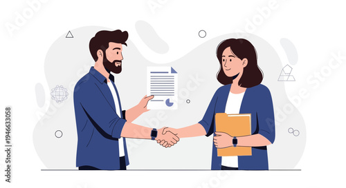 Business partners shaking hands over contract agreement, successful deal illustration