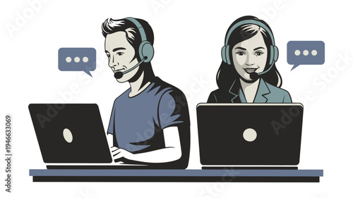 Professional male and female customer service agents with headsets diligently working on their laptops.
