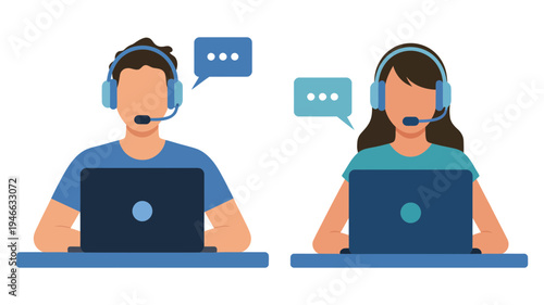 A male and female customer support representative wearing headsets and working on laptops, ready to assist.