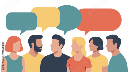 Group of diverse people engaging in conversation with colorful speech bubbles above their heads.