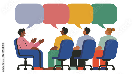 A group of diverse people sitting in chairs, actively engaged in a discussion or counseling session with speech bubbles.