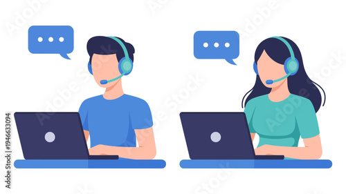A male and female customer service agent wearing headsets, actively engaging with clients via laptops.