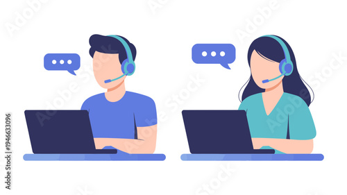 A friendly male and female customer support team member wearing headsets while working on laptops.