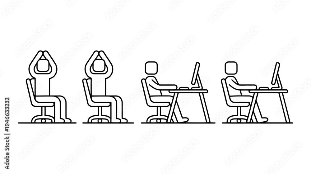 Fototapeta premium An outline illustration shows an office worker performing seated stretches at a desk, promoting ergonomic wellness.