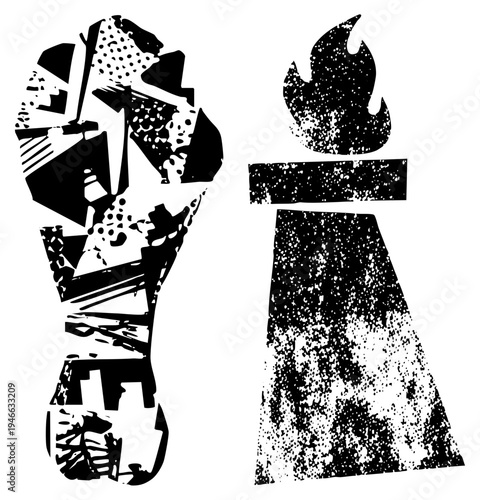 Graphic of protest fist and liberty torch, bold stencil style, activist symbols, black and white halftone texture, political art, street movement.