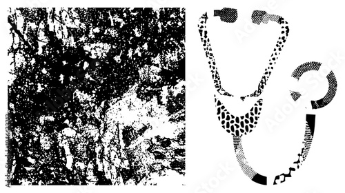 Medical stethoscope rendered in halftone style, black and white vector graphic, isolated medical symbol, diagnostic tool, healthcare.