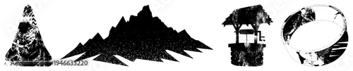 Stylized mountain peaks and well structure in black and white, halftone grain texture, vector art, isolated nature, graphic design elements.