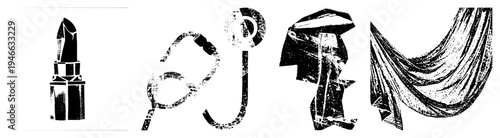 Retro lipstick, broken wand, torn umbrella, draped fabric stylized grunge for beauty and fashion design, vector art with distressed textures.