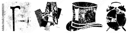 Classic cane with curved handle, shiny pants, elegant top hat, retro alarm clock all in distressed vector style.