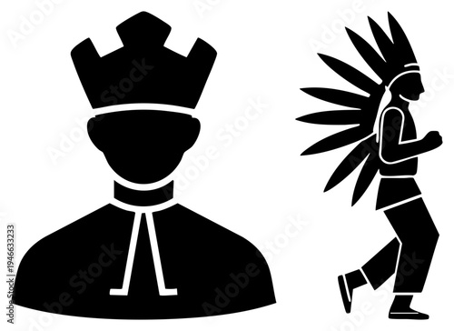 Religious clergyman with mitre and stole, indigenous dancer with headdress, stylized vector symbols, cultural representation, flat graphic design.