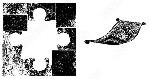 Grungy black puzzle silhouette, fragmented geometric shapes, flying carpet with intricate, halftone texture, isolated vector graphic, arabesque design.