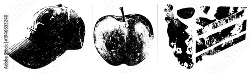 Stylized halftone illustrations of a baseball cap,, and abstract, rendered in bold black and white vector graphics with gritty texture and classic print aesthetic.