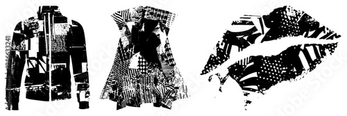 Stylized apparel and lips with fragmented geometric prints, design, fashion graphic, vector art, bold, urban chic, pop art aesthetic.