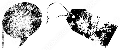 Distressed speech bubble and price tag with string, halftone texture, black and white, graphic design elements, communication and pricing symbols.