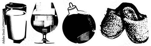 Vector halftone illustrations of glass pitcher, snifter glass, wine bottle, and textured citrus fruits, rendered in high contrast black and white with stippled shading for depth and texture.