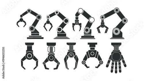 A comprehensive set of solid silhouette icons displays various designs of industrial robotic arms and grippers.