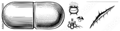 potion bottles, witch’s cauldron, magic mushroom, alchemy symbols, vector art, mystical ingredients, isolated elements.