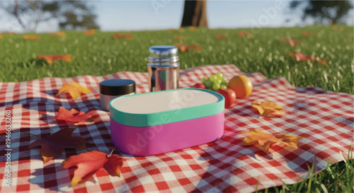 A delightful picnic setup on a vibrant checkered blanket in a lush green park