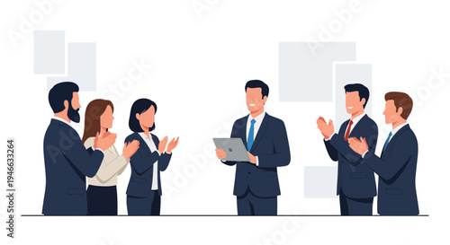 Business team applauding a speaker with a tablet, celebrating success