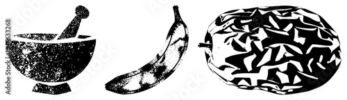 Vintage style halftone vector graphics of mortar and pestle, banana, and date fruit, isolated elements with textured shading, food, stylized botanicals.