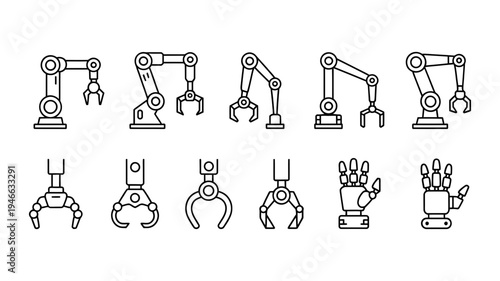 A comprehensive set of outline vector icons displays various designs of industrial robotic arms and grippers.