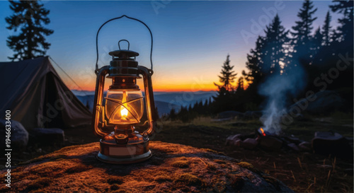 A lantern illuminates a serene campsite at dusk, surrounded by nature's tranquility.