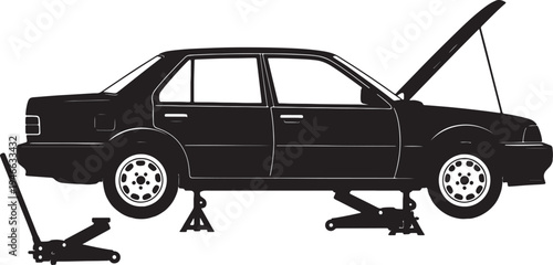 Black and white silhouette of car on jacks with open hood also transparent background black car repair