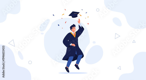 Graduation Celebration: Student Throws Cap in Air with Confetti