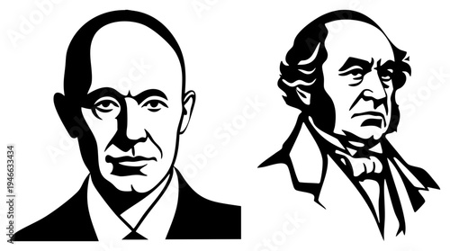 Bold illustrations of two men in formal attire, historical portrait style, graphic, isolated busts, political or figures.