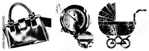 Retro halftone illustrations of luxury handbag, analog pressure gauge, and classic baby stroller, rendered in bold black and white with textured grain.