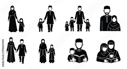 Diverse muslim families and individuals depicted in black silhouette icons