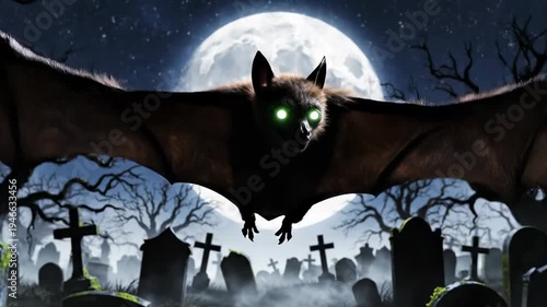 A nocturnal scene of a bat flying over a graveyard with a full moon in the background