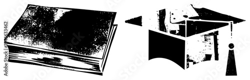 Educational representing learning and graduation, textbook and mortarboard, academic success, scholarly achievement, study tools, student milestones, graduation ceremony essentials.