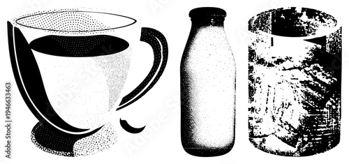 Retro stylized coffee cup, glass milk bottle, and iced drink glass rendered in halftone dot, vector art, isolated beverage.