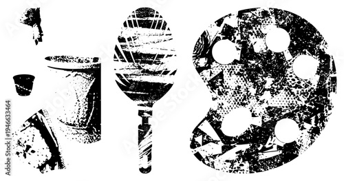 Graphic symbols with distressed texture, abstract forms, artistic expression, stylized shapes, design, visual noise, digital art elements.