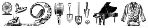 Ferris wheel, hot dog roller coaster, microphone, shovels, piano, kimono robe classic in black and white vector art, isolated flat illustrations.