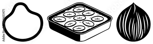 Simple black vector of onion, banana cake in pan, walnut. Minimalist style, isolated foreground, food symbols, baking dessert, nut illustration.