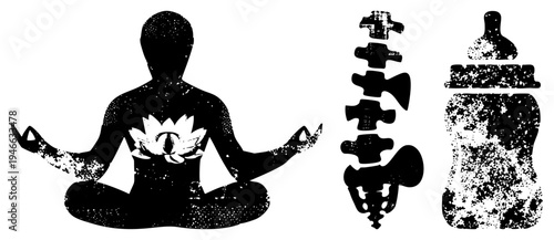 Black silhouette of meditating person with lotus flower, human spine, and baby bottle, textured vector, wellness and parenting symbols.