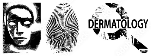 Halftone rendered human face, fingerprint, and dermatology magnifying glass logo, vector for medical or forensic themes, design.